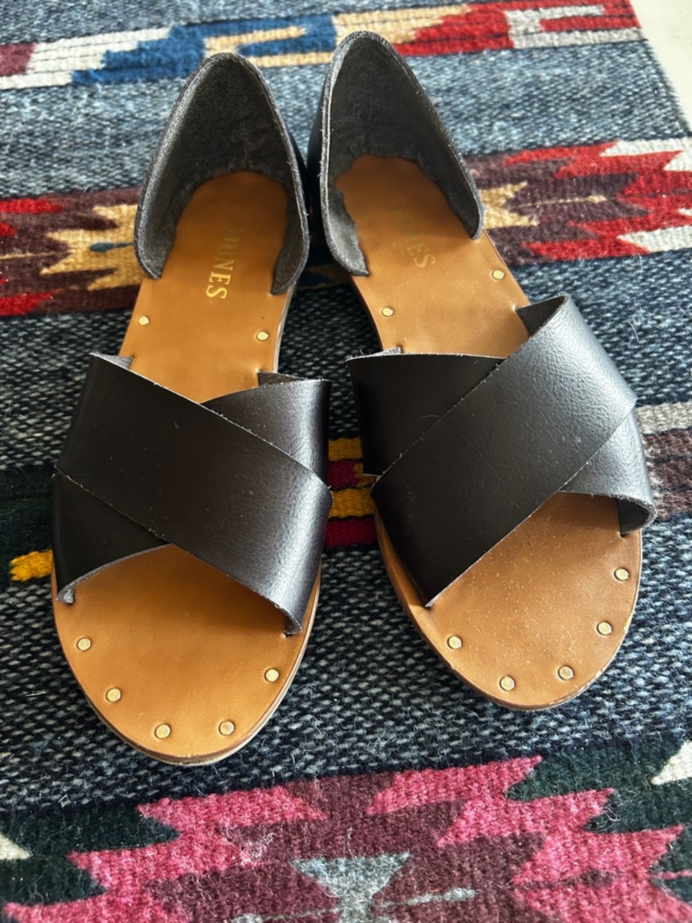 Women’s Black Cross-Band Leather Sandals with Tan leather footbed